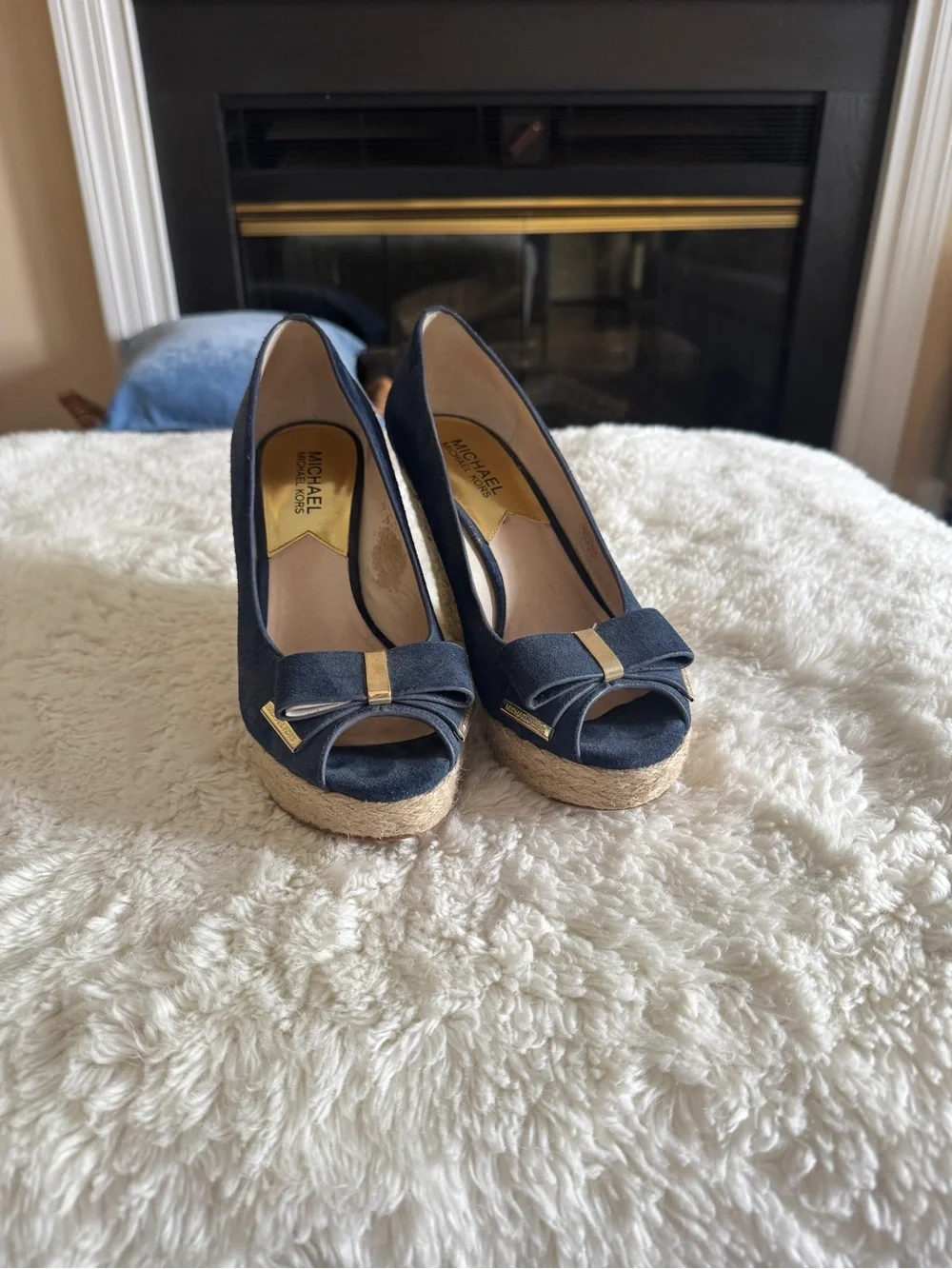 Michael Kors Navy Espadrille Peep-Toe Wedge with Bow and Gold Accents